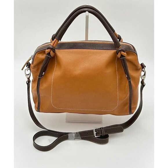 Barbara Milano Brown & Tan Leather Satchel Bag With Adjustable Shoulder Strap